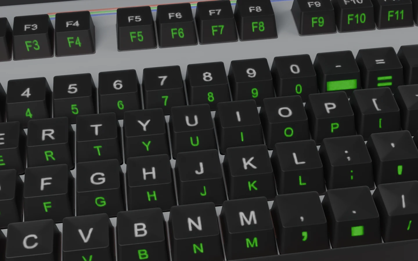 Keyboard detail rendered with modern sans-serif projected letters