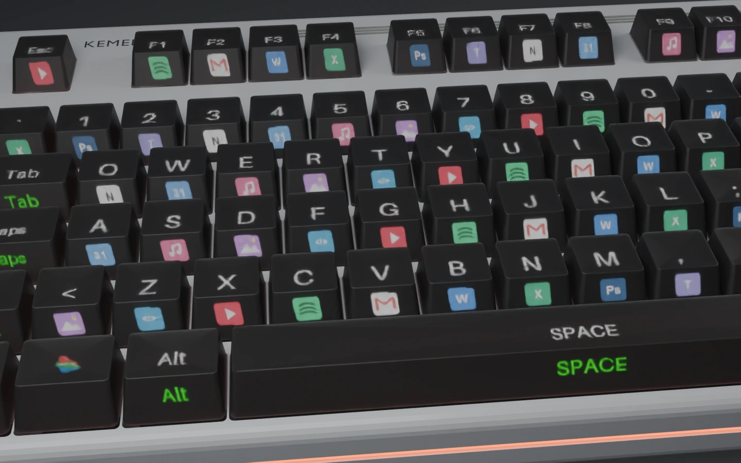 Keyboard prototype with the colour KEMELEON logo on the black Iconic modifier key, white letters on top and app icons on the key fronts