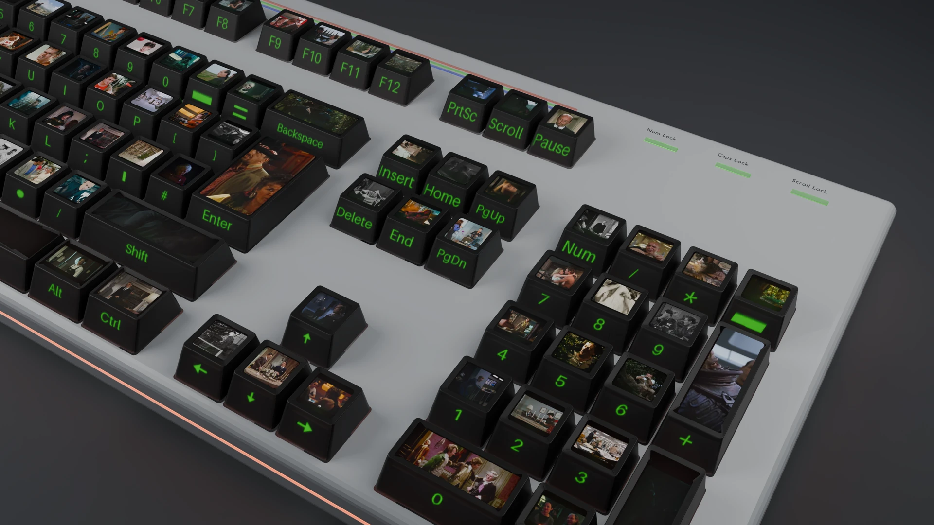 Rendered close-up of video imagery projected onto keyboard keytops